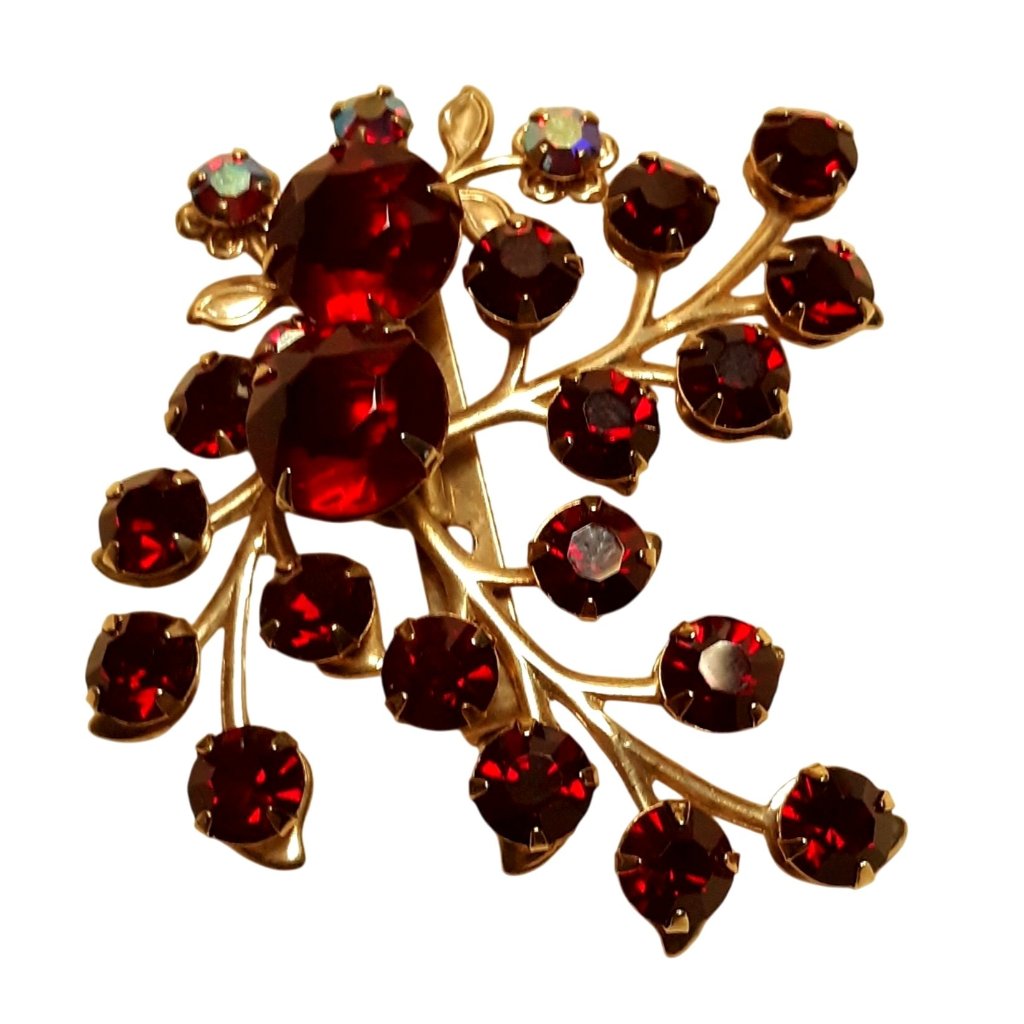 Vintage Red Rhinestone Gold-Tone Branch Brooch Pin Elegant Floral Jewelry